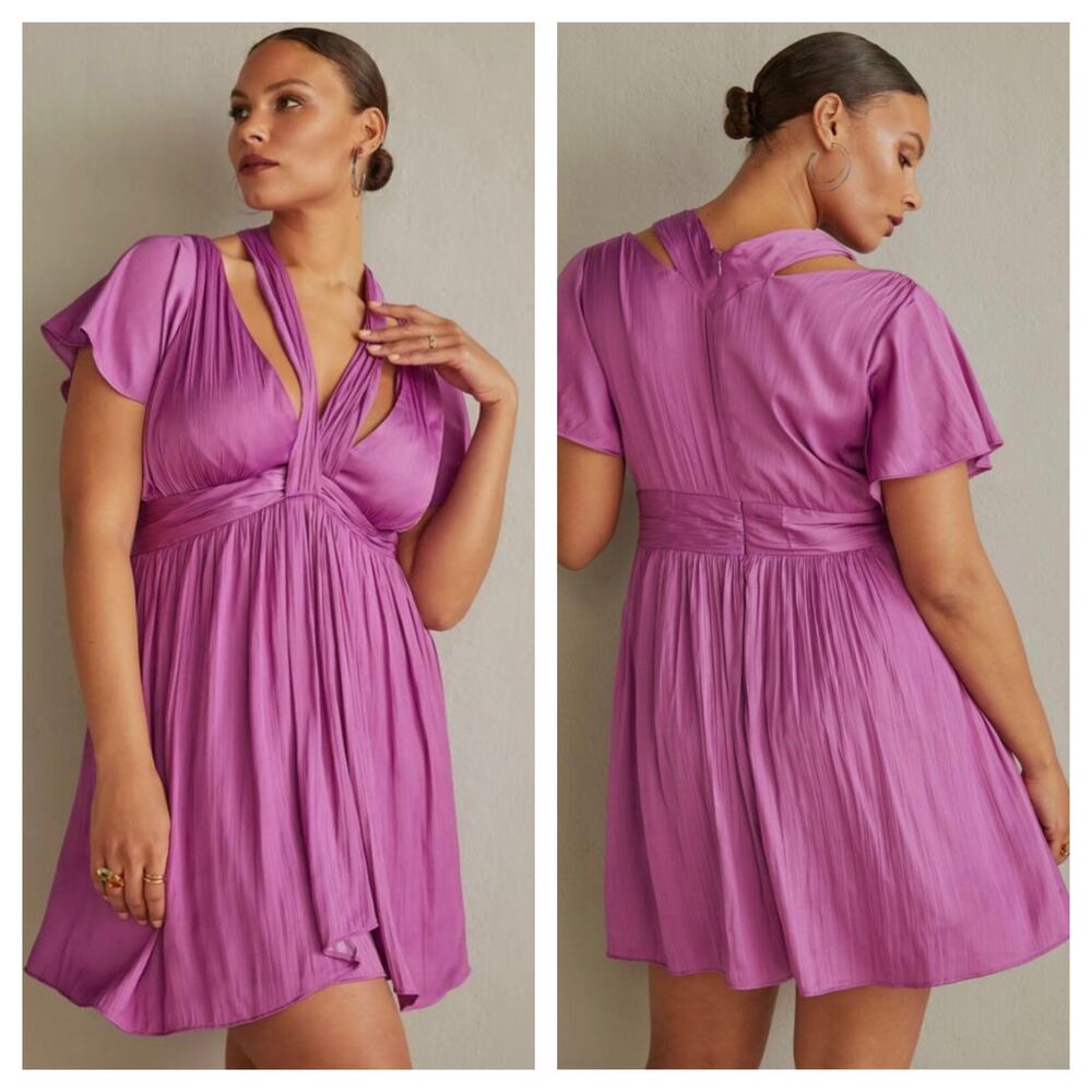 NWT Anthropologie Deep V-Neck Vibrant Mini Dress Size 14 Purple Satin Flowy